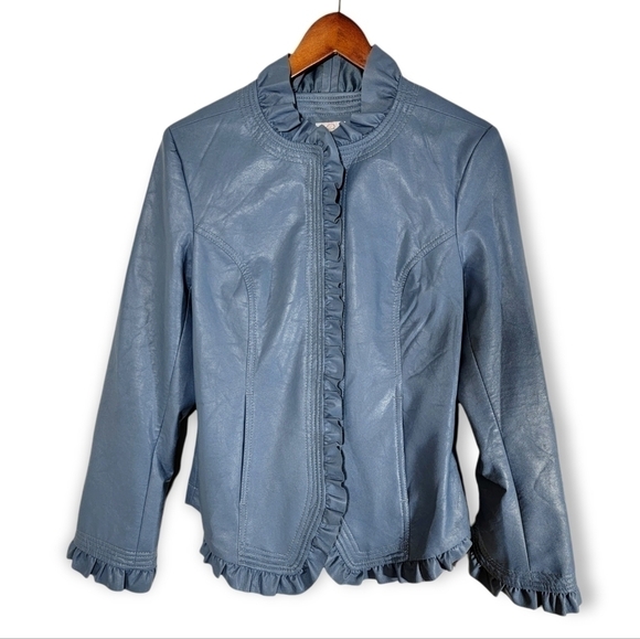 Hot in Hollywood Vegan Blue Faux Leather Jacket Ruffles Size Small - Picture 16 of 16